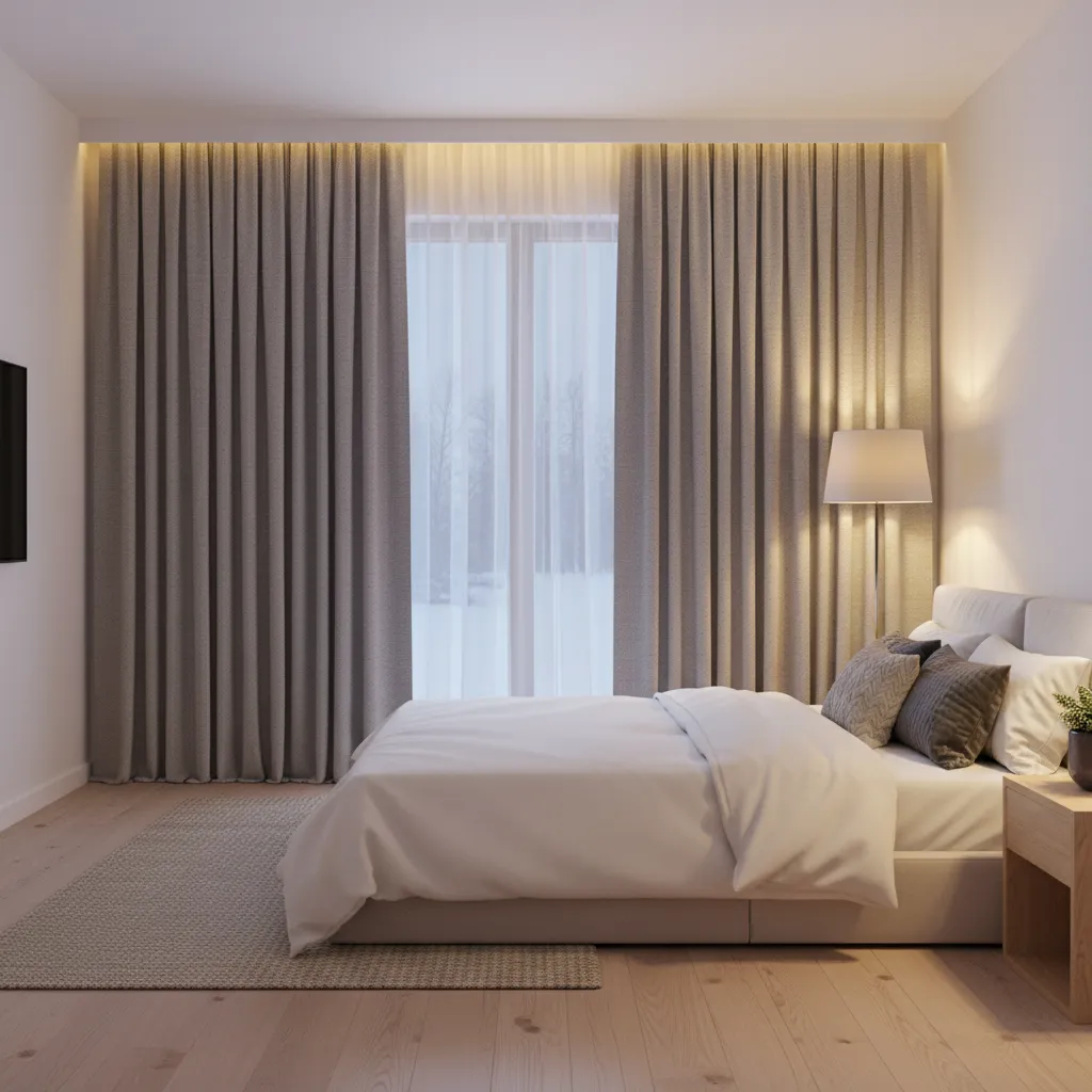 thermal curtains and sealed window preventing heat loss in bedroom
