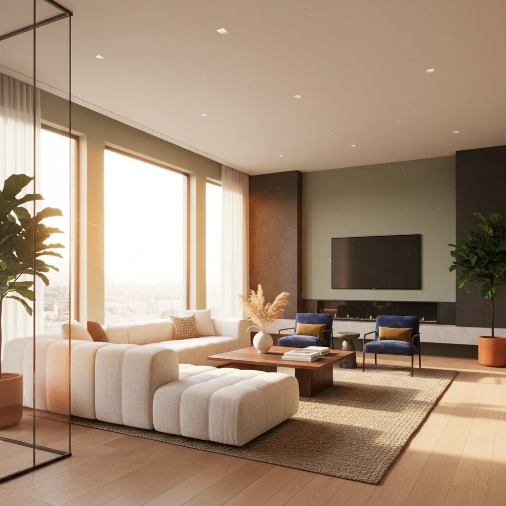 Sunlight entering through large windows affecting cooling load in a living room