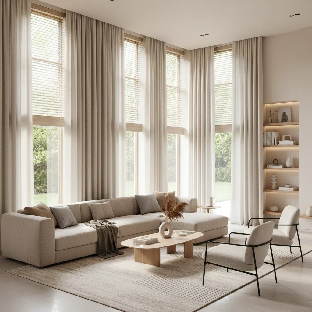 Living room windows with thermal curtains reducing summer heat gain