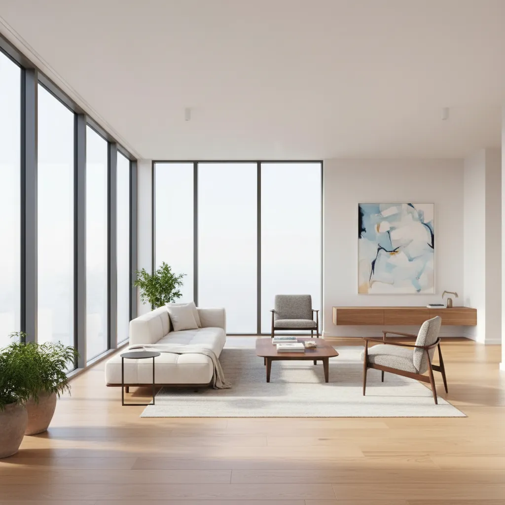 Salón luminoso con grandes ventanas y luz natural entrando al interior