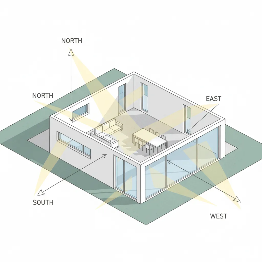 3D interior design drawing showing room layout window orientation and natural light from different directions
