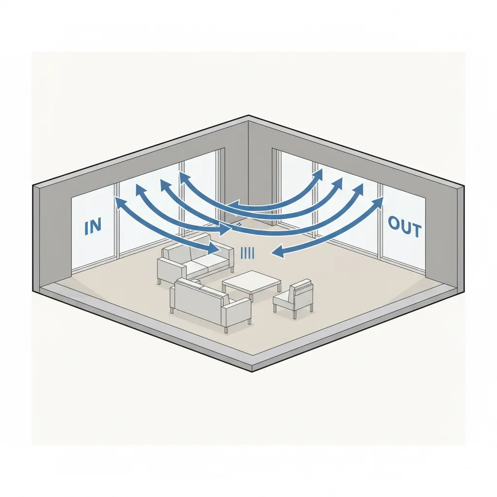 House interior diagram showing cross ventilation through opposite windows