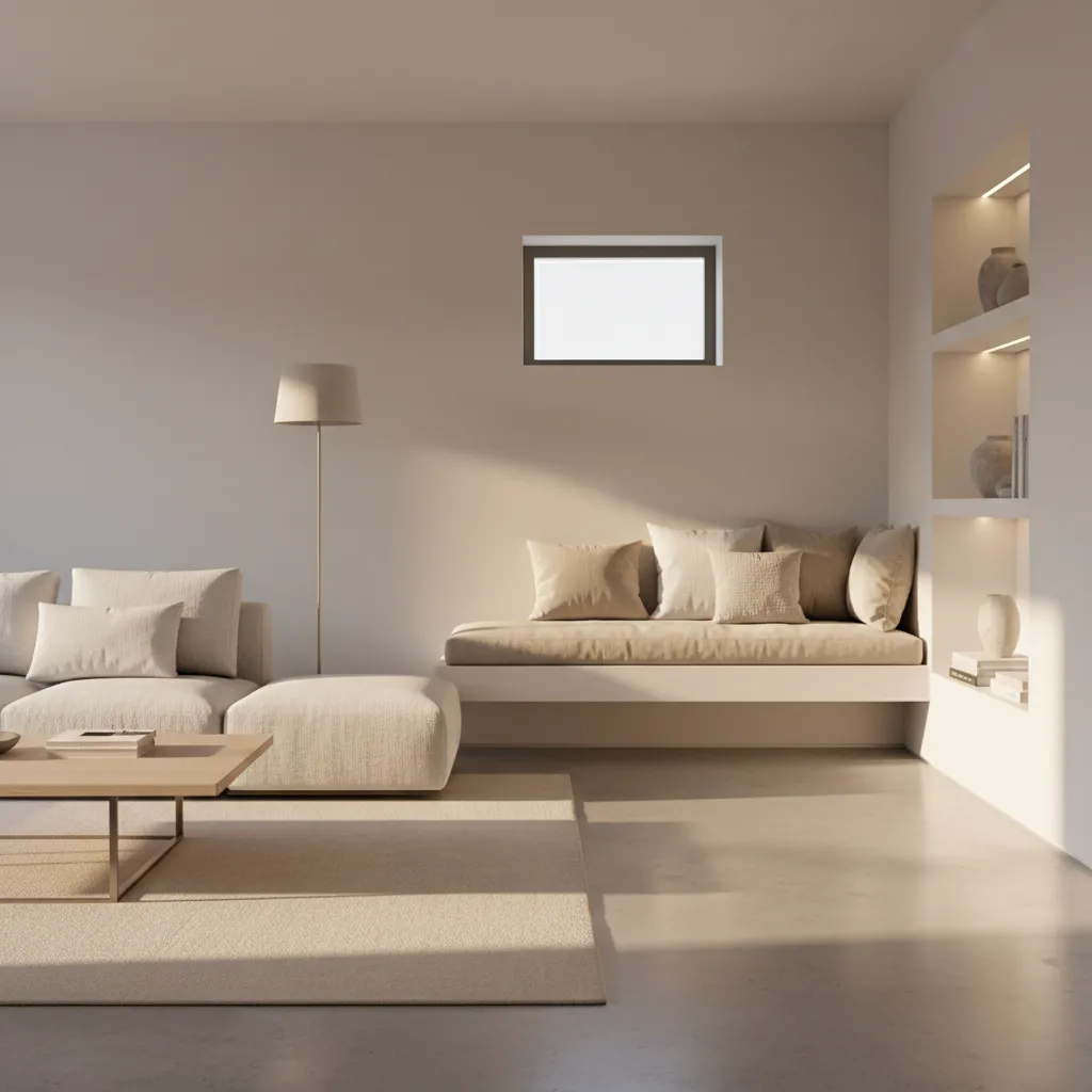 Built in window bench under a small living room window with cushions