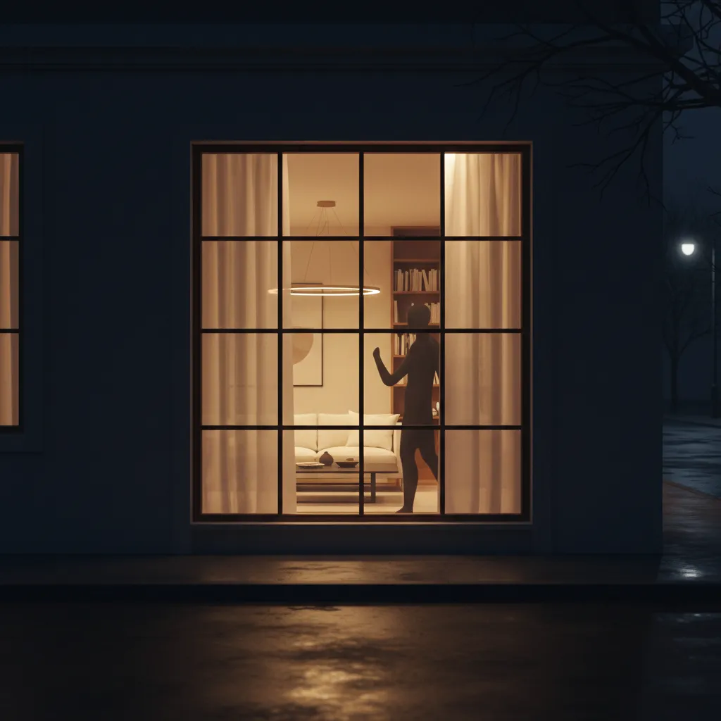 Silhouette visible through a lit window at night demonstrating privacy risk