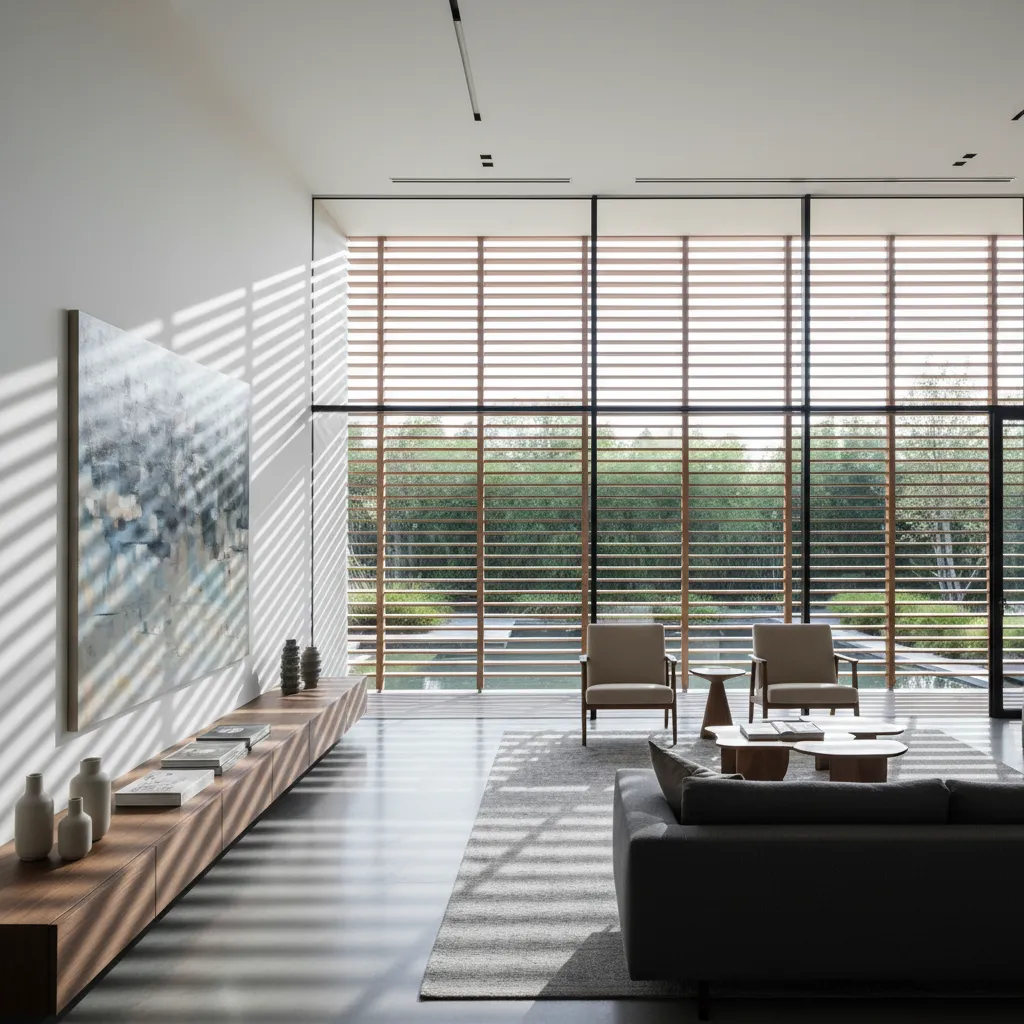 Ventanal grande con protección solar exterior en una casa moderna