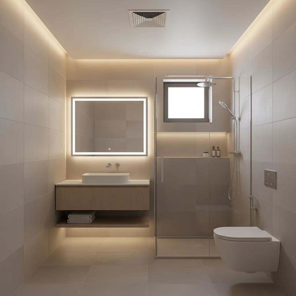 windowless bathroom with mechanical exhaust fan system