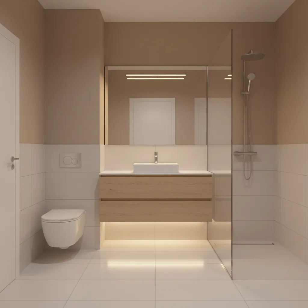 small windowless bathroom showing light reflecting off mirrors and tile surfaces