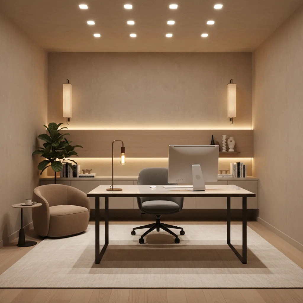 windowless den with layered lighting setup