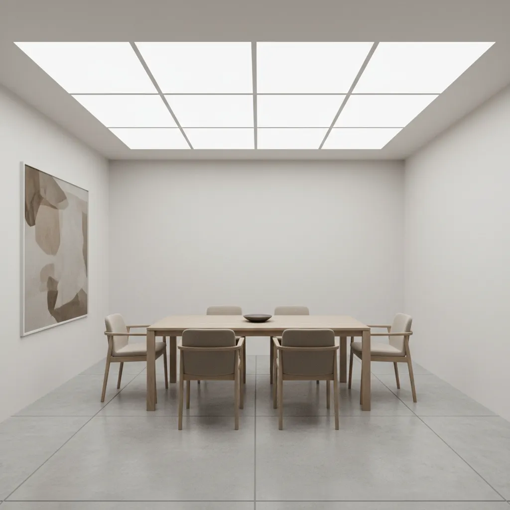 Windowless dining room with bright LED panel ceiling lighting evenly illuminating the space