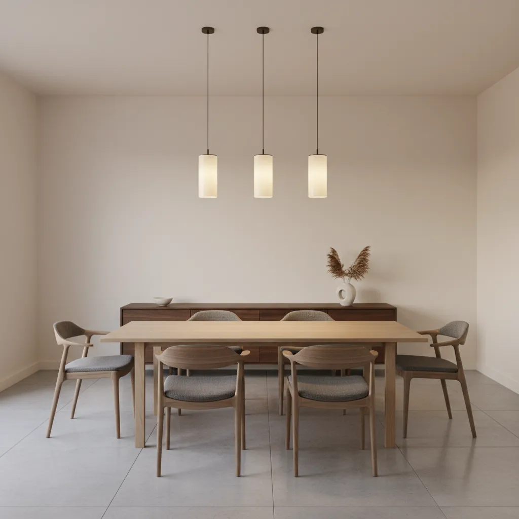modern windowless dining room interior with layered lighting design