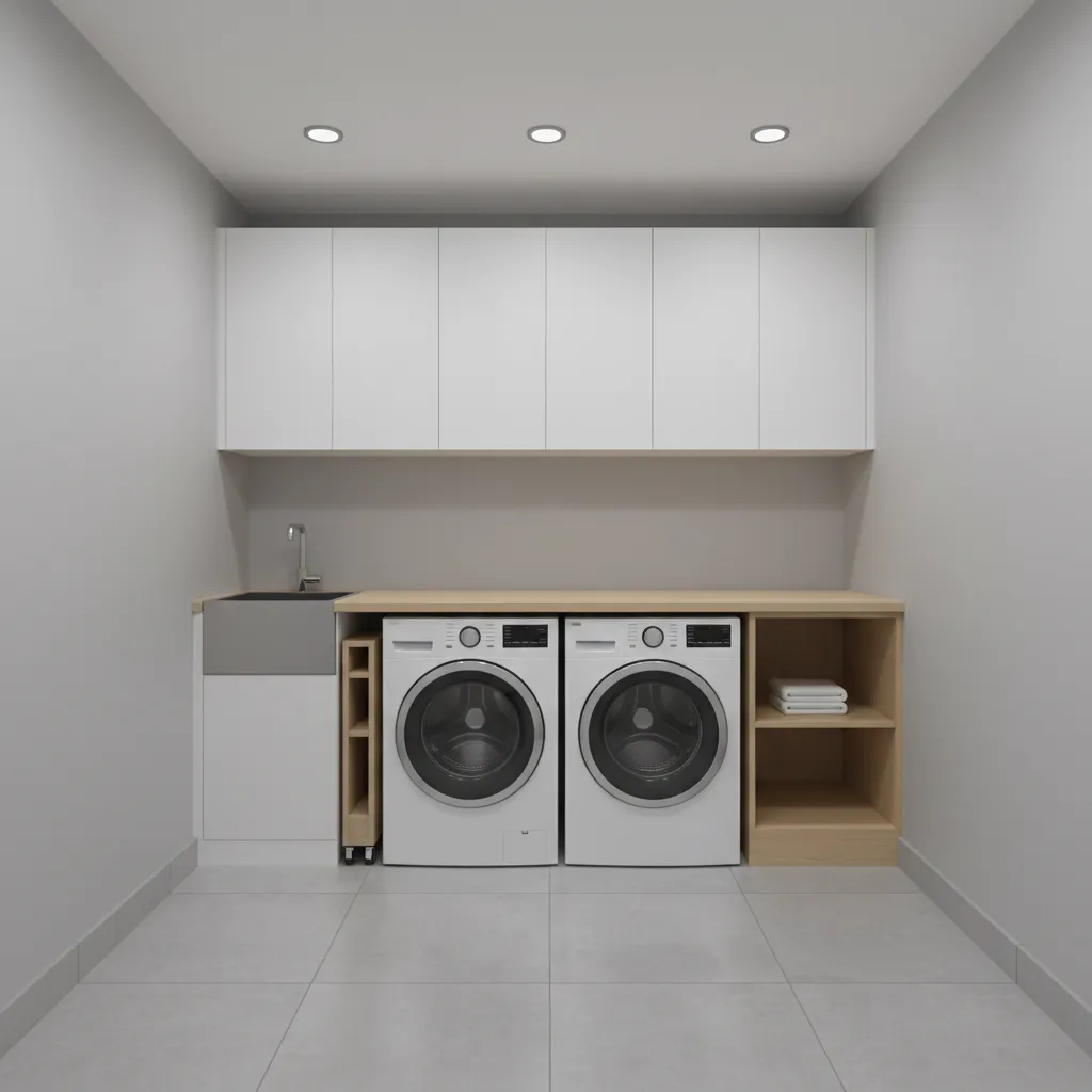 Small windowless laundry room with neutral paint and bright LED ceiling lighting