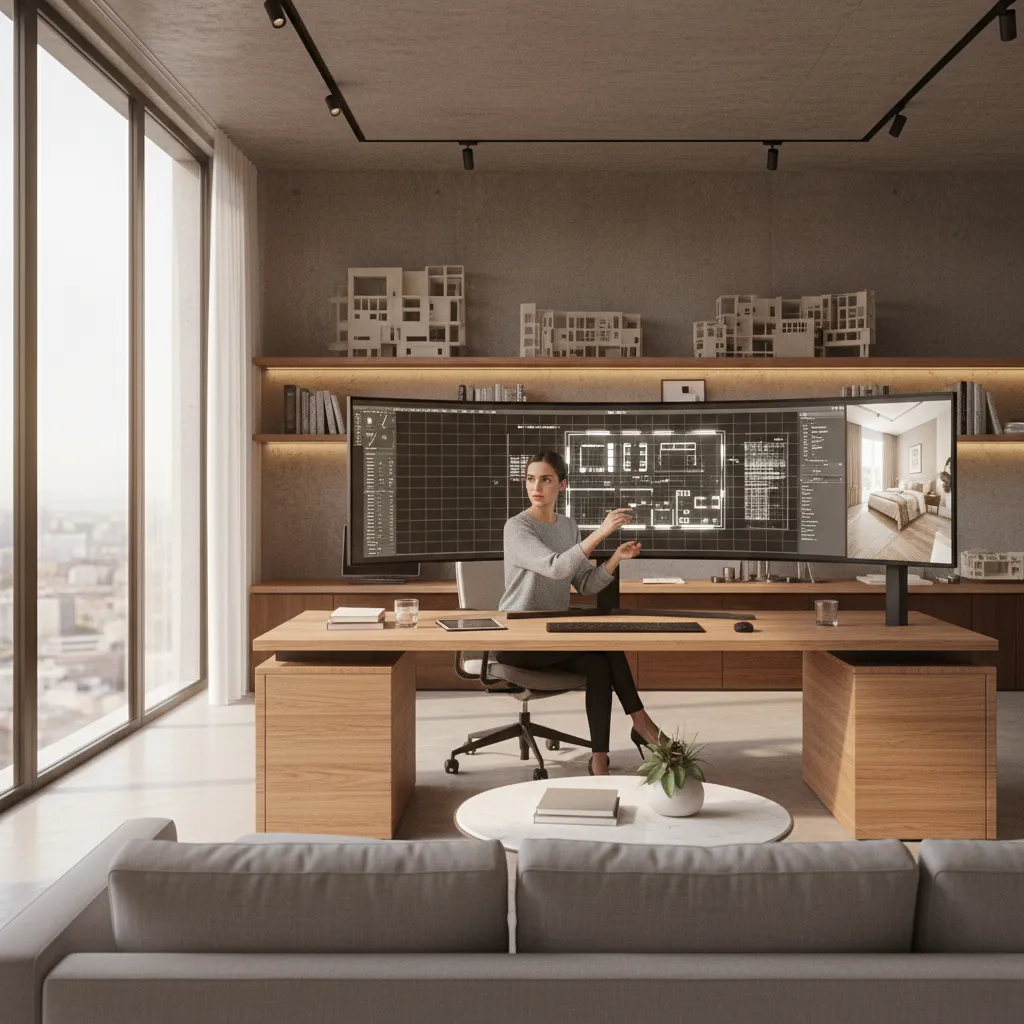 Designer creating a digital floor plan on a large Windows desktop monitor
