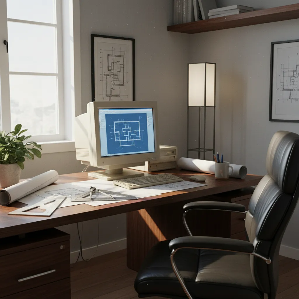 Older desktop computer running CAD drafting software on Windows 7 with blueprint sketches