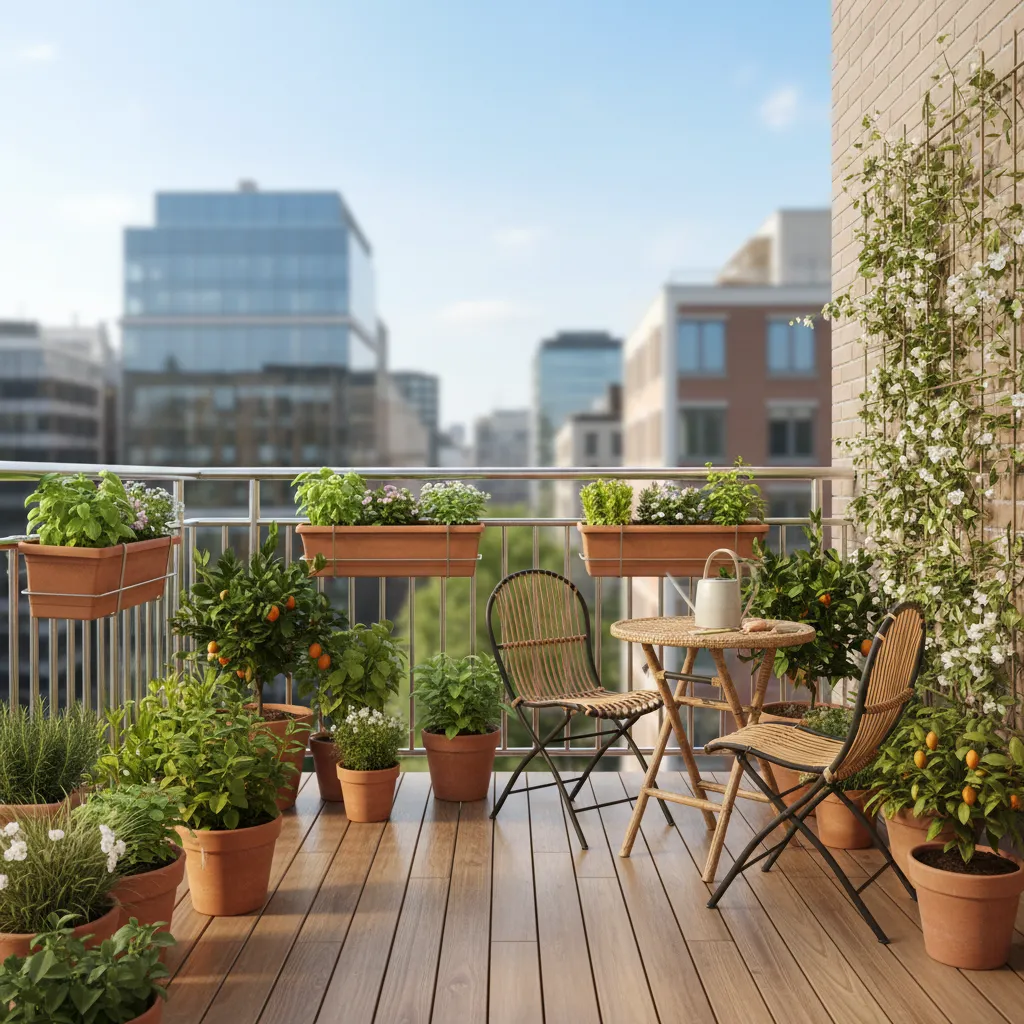 Container plants arranged on a small apartment balcony garden