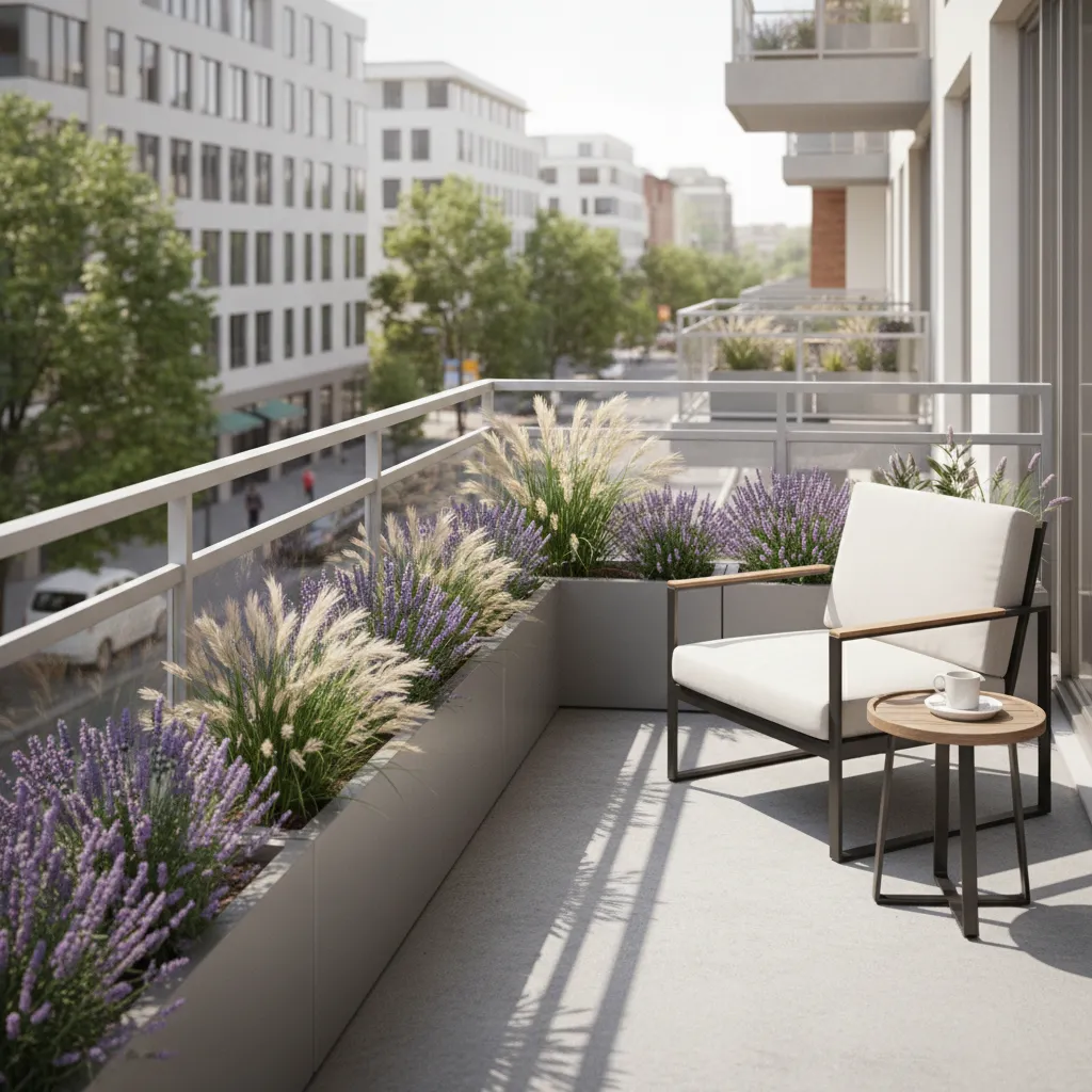 Windy second floor balcony garden with sturdy container plants