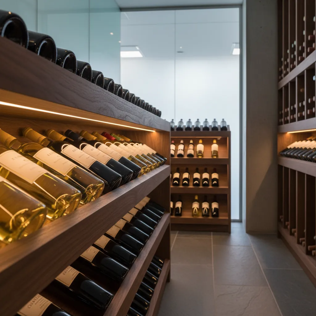 Close up of wooden wine shelves with warm light fixture showing various bottles of wine