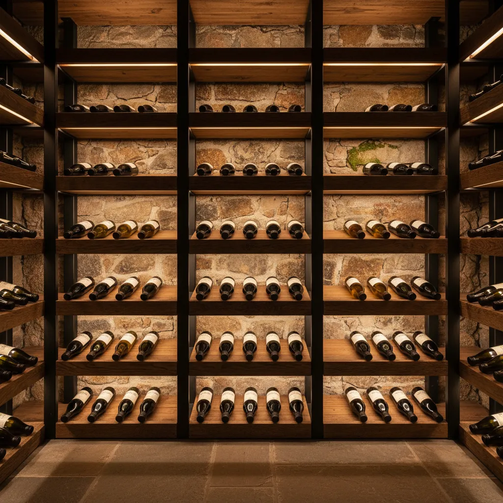 Detalle de materiales usados en cavas de vino: madera, piedra y metal