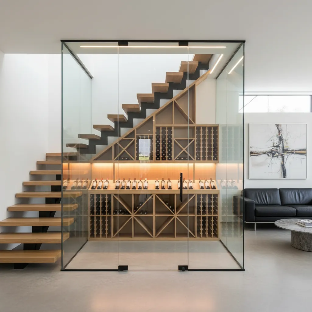 Modern glass wine storage built under wooden stairs next to a living room with sofa