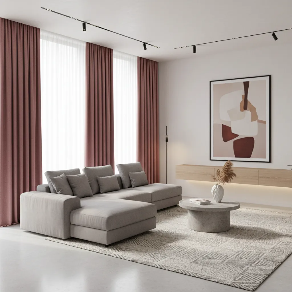 Contemporary living room with wine colored curtains and gray sofa
