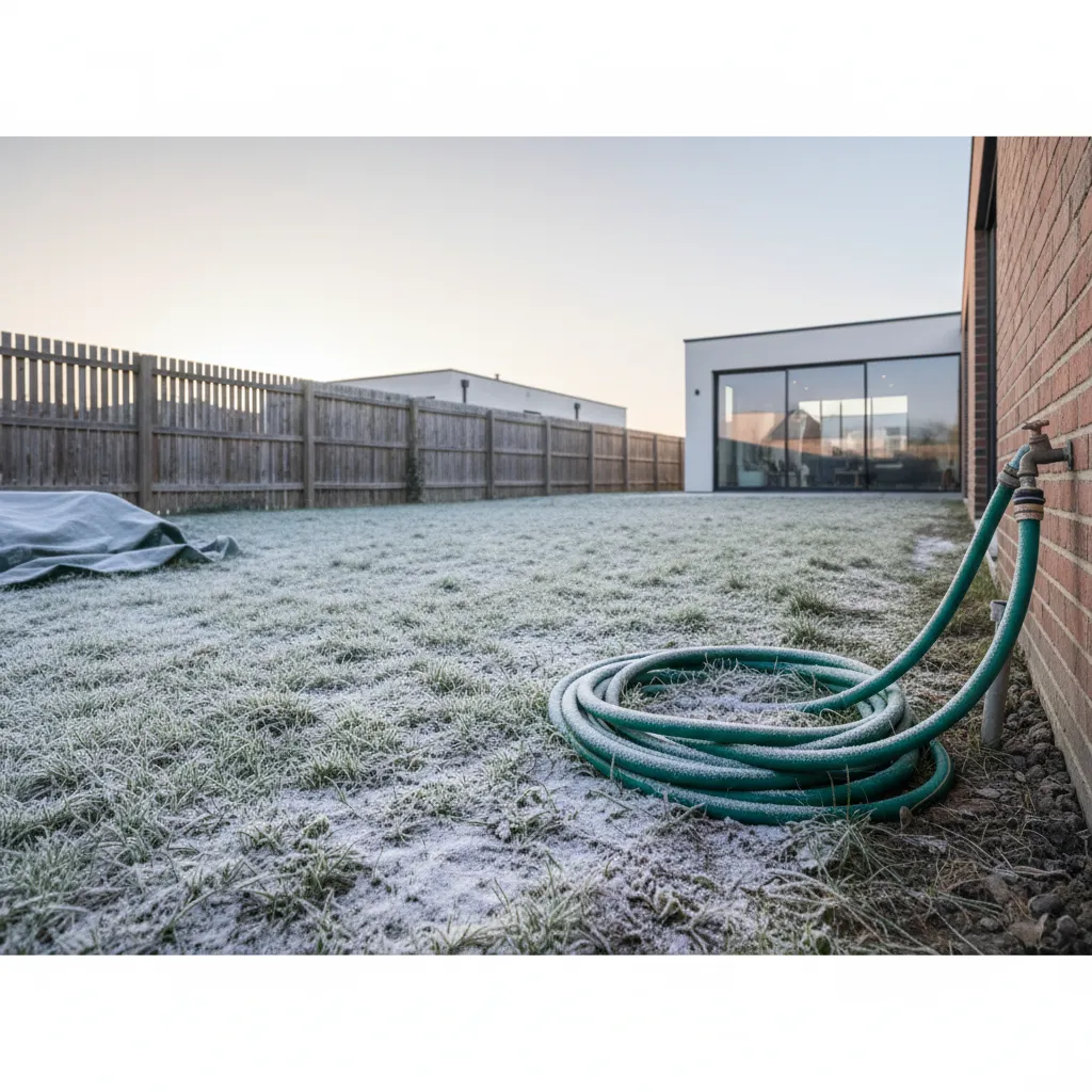 Outdoor garden hose covered in frost during winter illustrating freezing risk