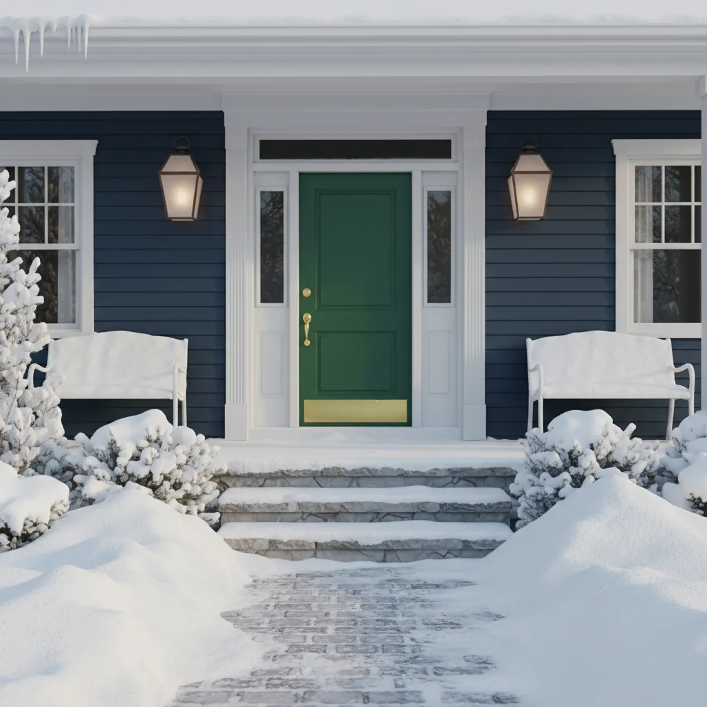 Front door in snowy winter climate showing durable paint finish