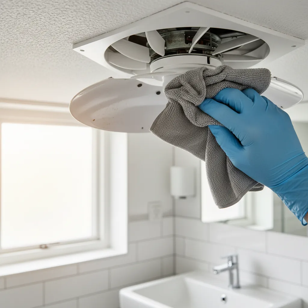 Cleaning bathroom exhaust fan blades with microfiber cloth