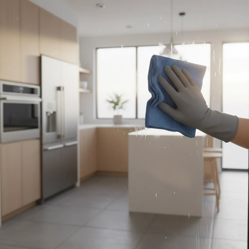 Hand wearing grey glove wiping a greasy kitchen window with a blue cleaning cloth indoors