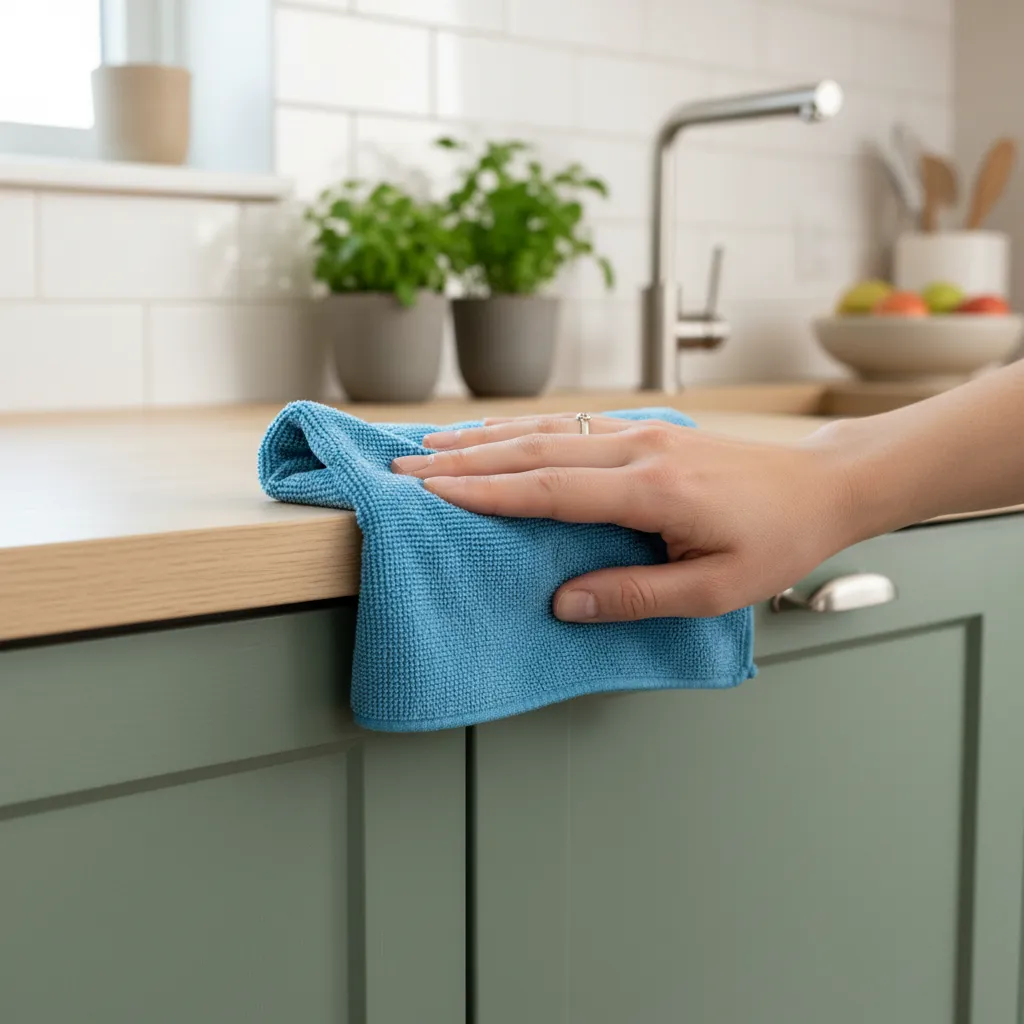 cleaning painted kitchen cabinets with microfiber cloth