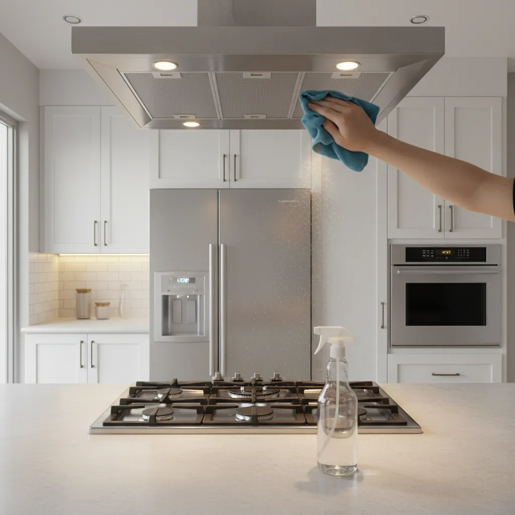 Cleaning the inside of a kitchen exhaust hood with a cloth and vinegar solution