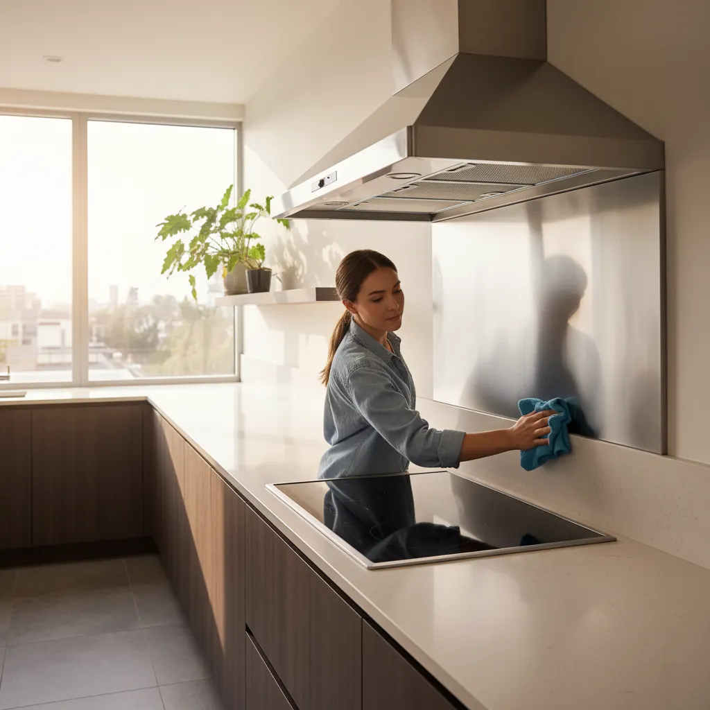 cleaning stainless steel kitchen chimney exterior with microfiber cloth