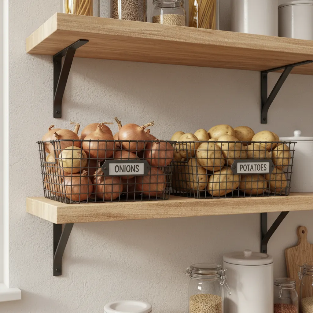 kitchen pantry with separate wire baskets for onions and potatoes