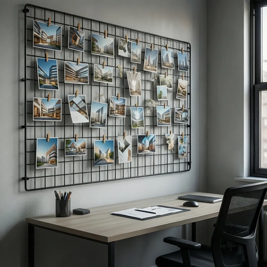 Black metal wire grid wall with postcards clipped on