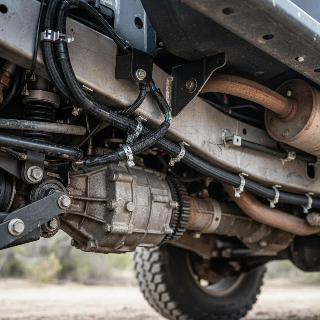 Automotive wiring protected by braided loom and conduit under vehicle