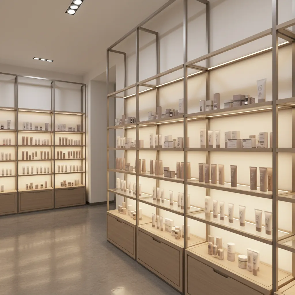Wireless under cabinet lighting highlighting retail shelf products