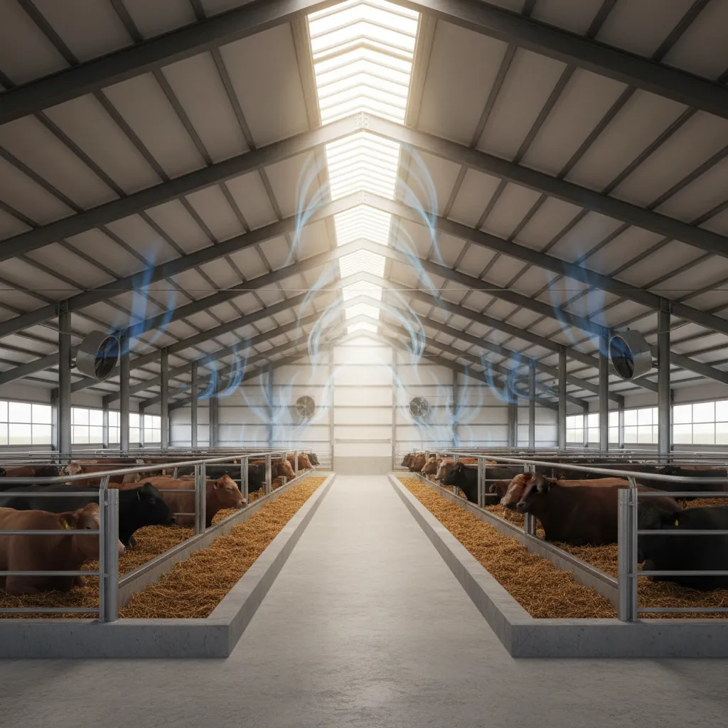 ventilation design in cold climate cattle barn with high ridge opening