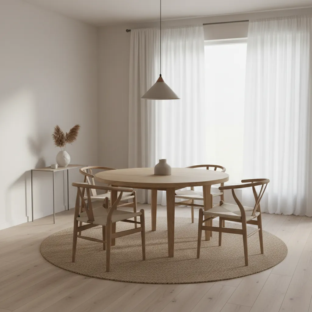 Wishbone chairs arranged around a minimalist wooden dining table