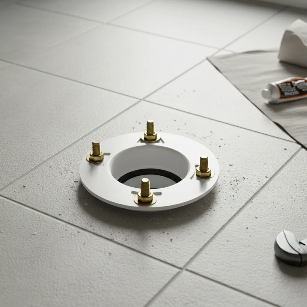 exposed toilet flange and bolts on bathroom floor during repair