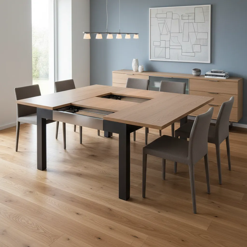 expanded square dining table demonstrating support structure and stability