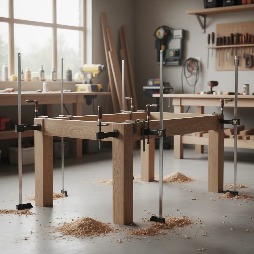 DIY farmhouse table frame with visible apron and legs during assembly