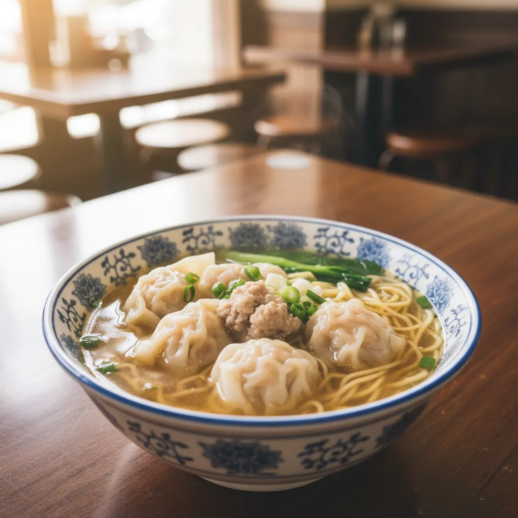 traditional wonton noodle soup bowl with dumplings and noodles
