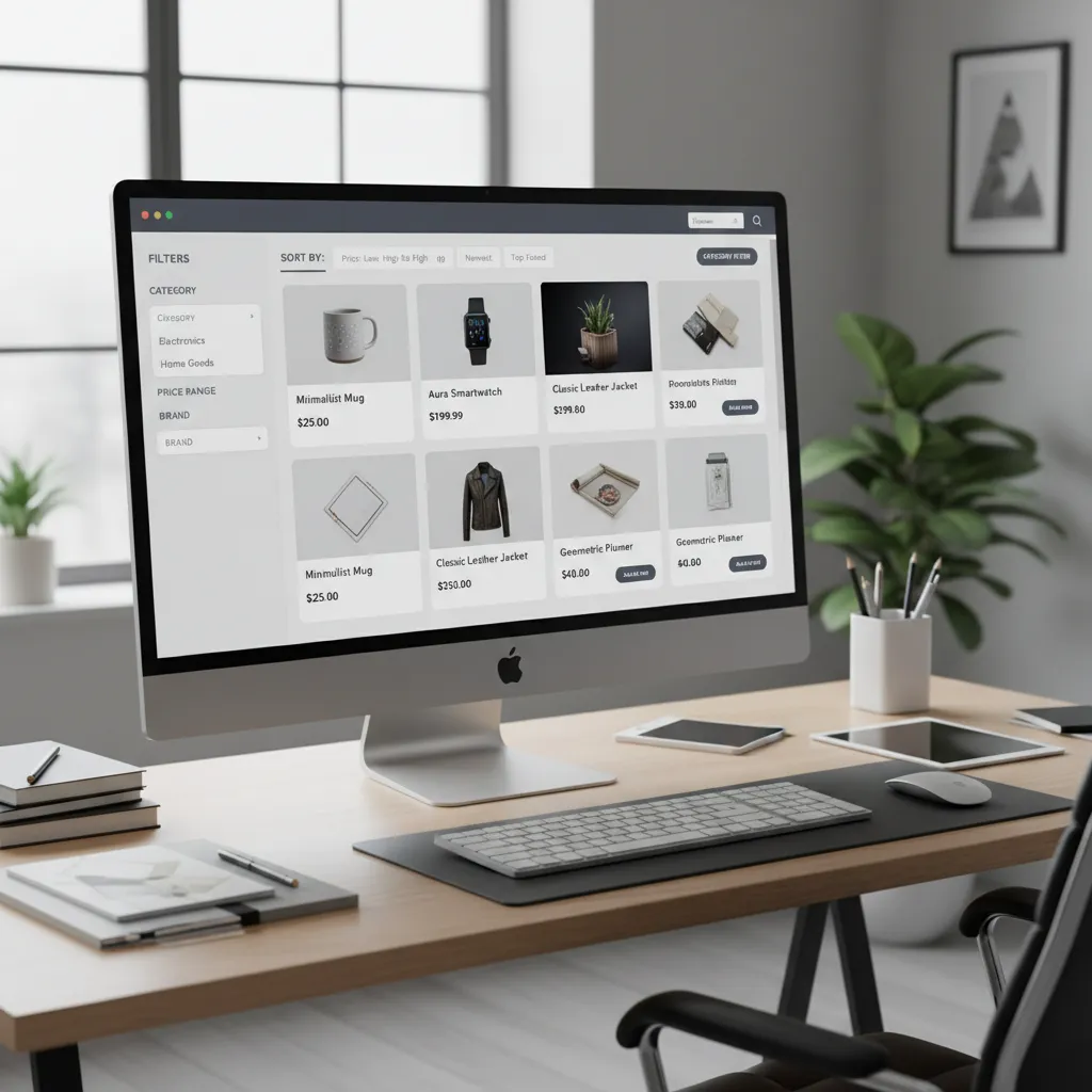 Advanced ecommerce product grid with filters and category sorting typical in WooCommerce