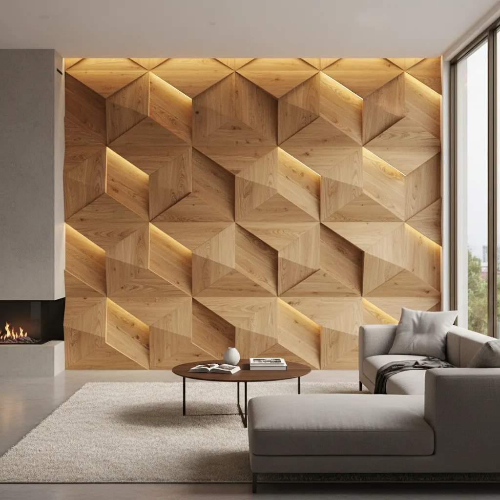Geometric layered wooden panels forming a 3D wall art installation