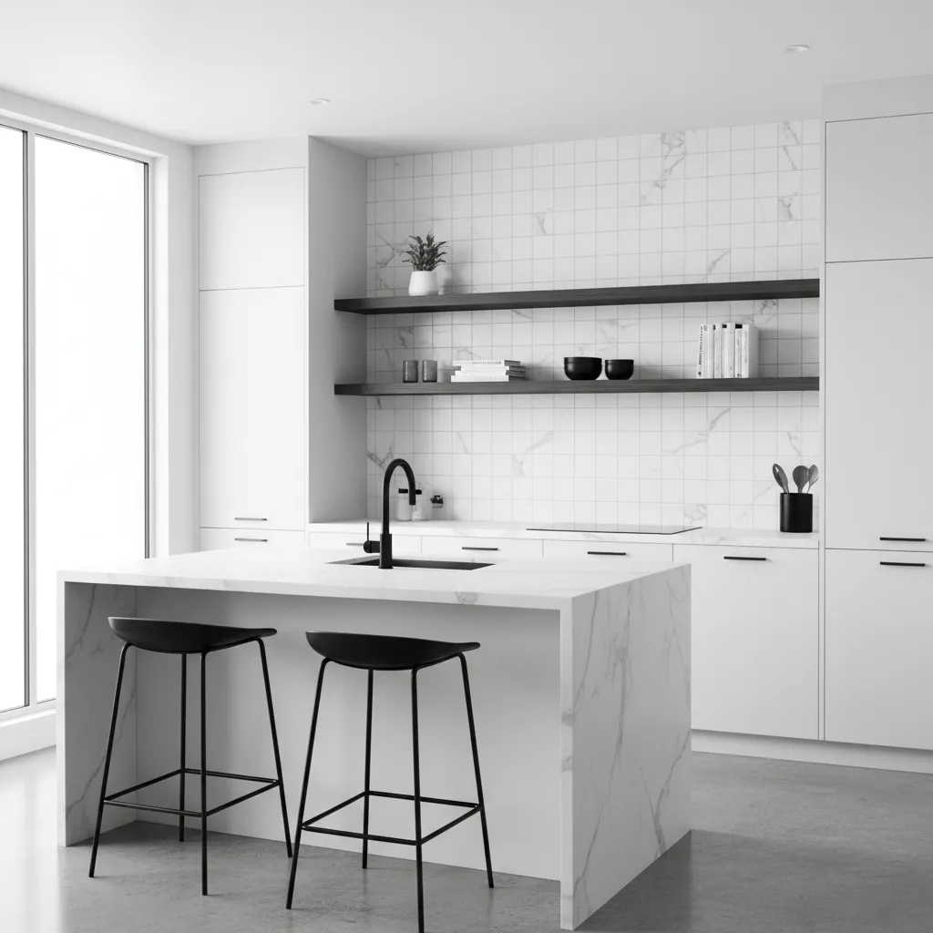 black and white kitchen with walnut floating shelves
