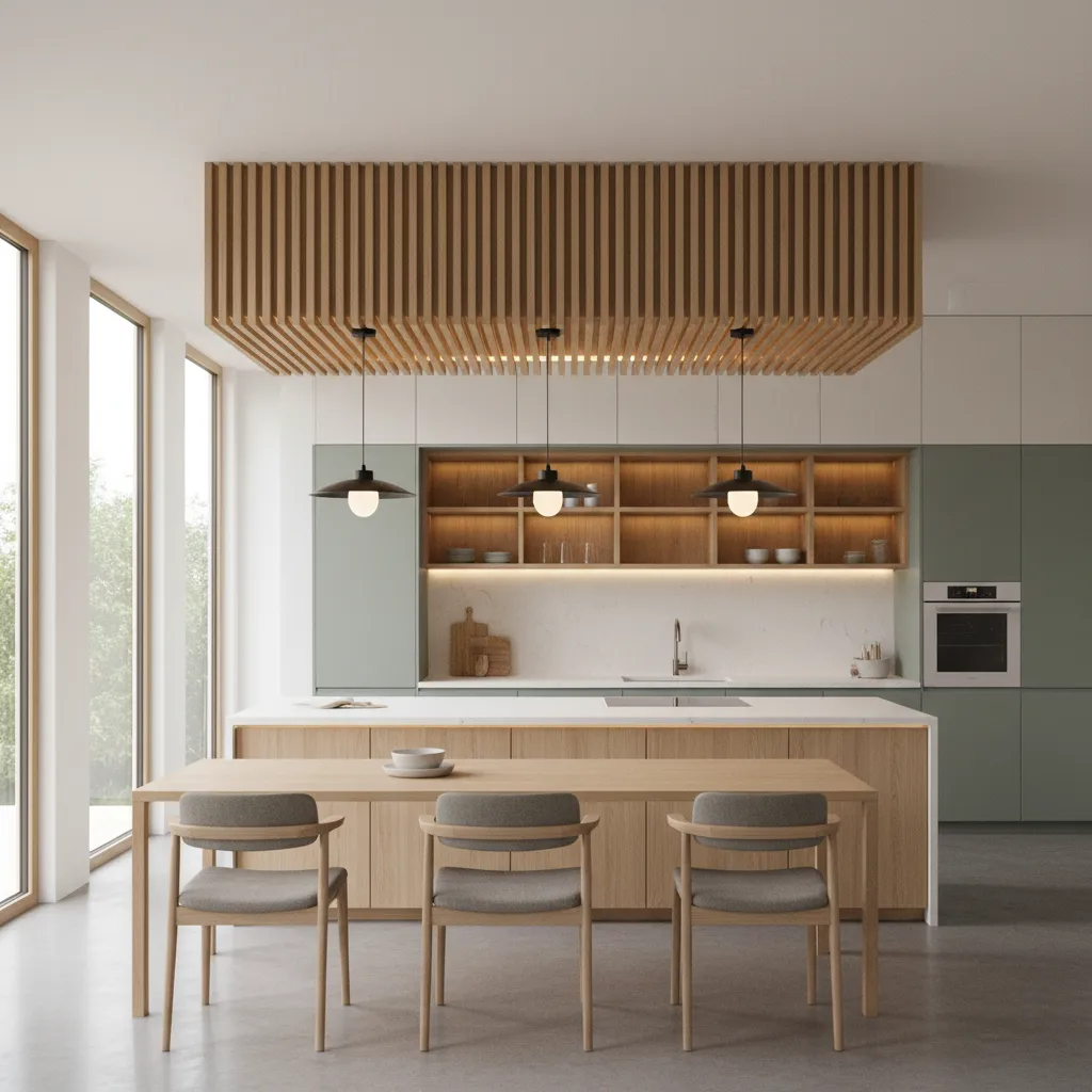 Modern kitchen featuring wood accent drop ceiling above dining area