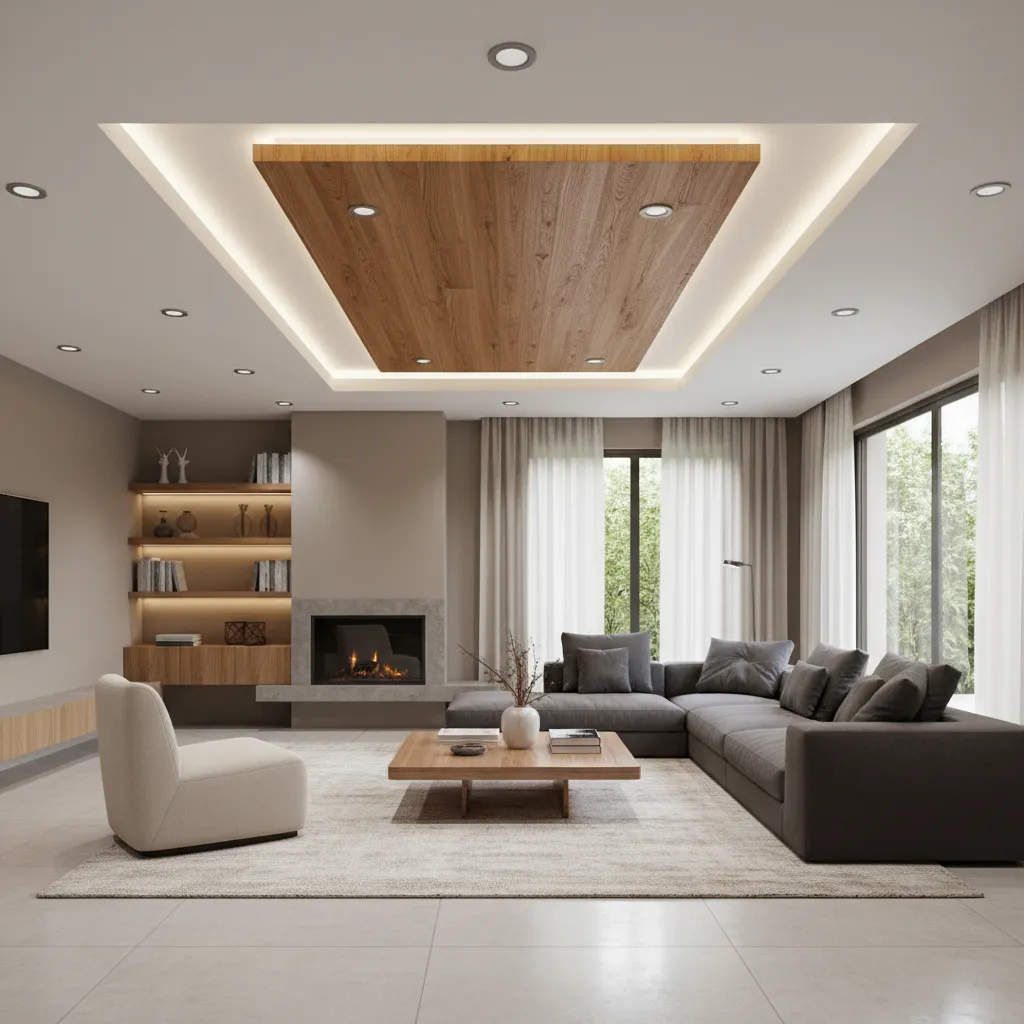 wood accent false ceiling panel in contemporary drawing room