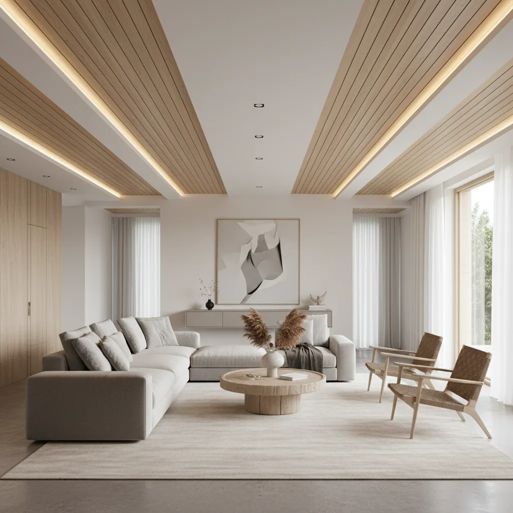 Living hall ceiling with wooden strip accent integrated into gypsum ceiling