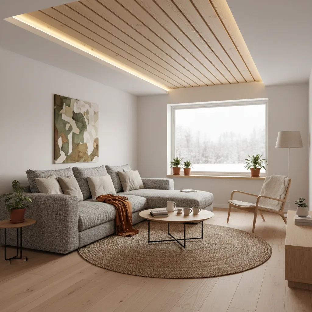 living room with wooden accent false ceiling and warm lighting