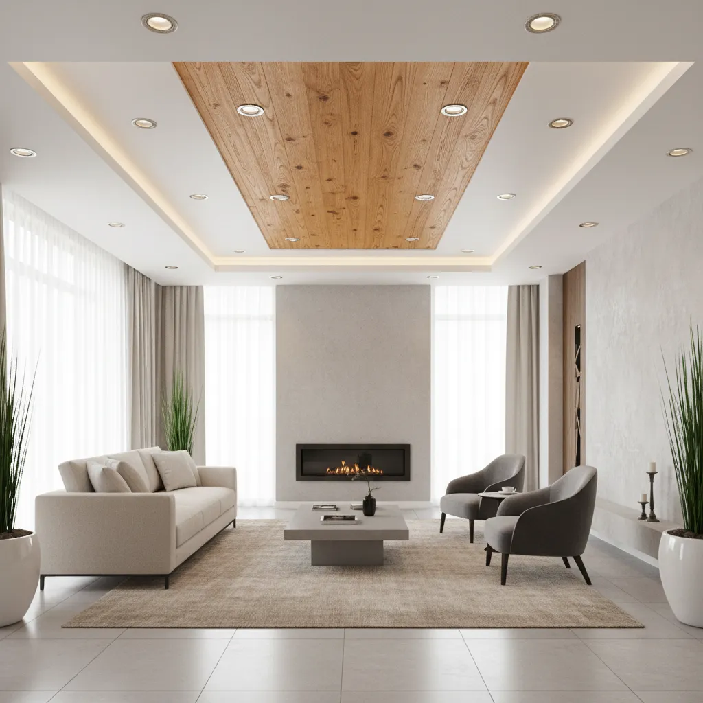 living room with wood accent false ceiling panel