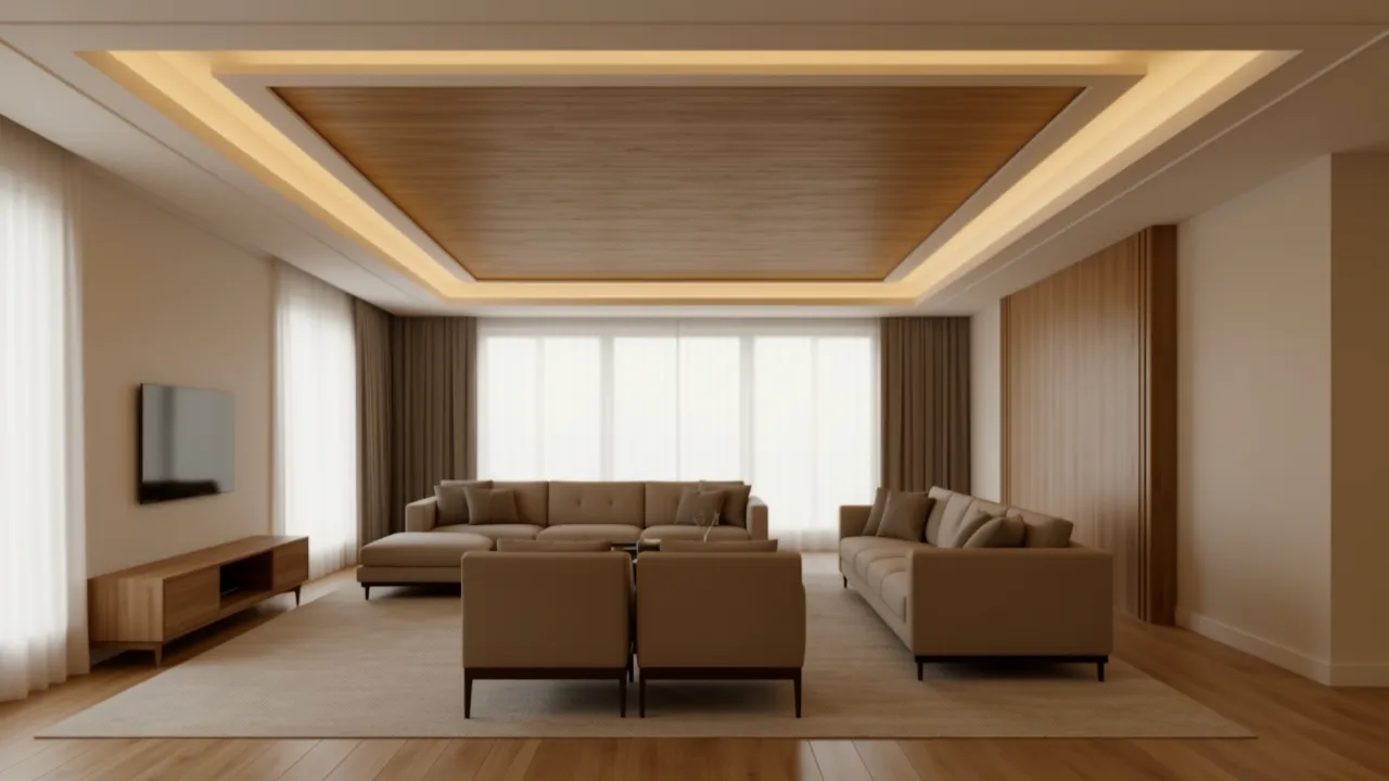 hall ceiling with wooden accent panel and recessed lighting