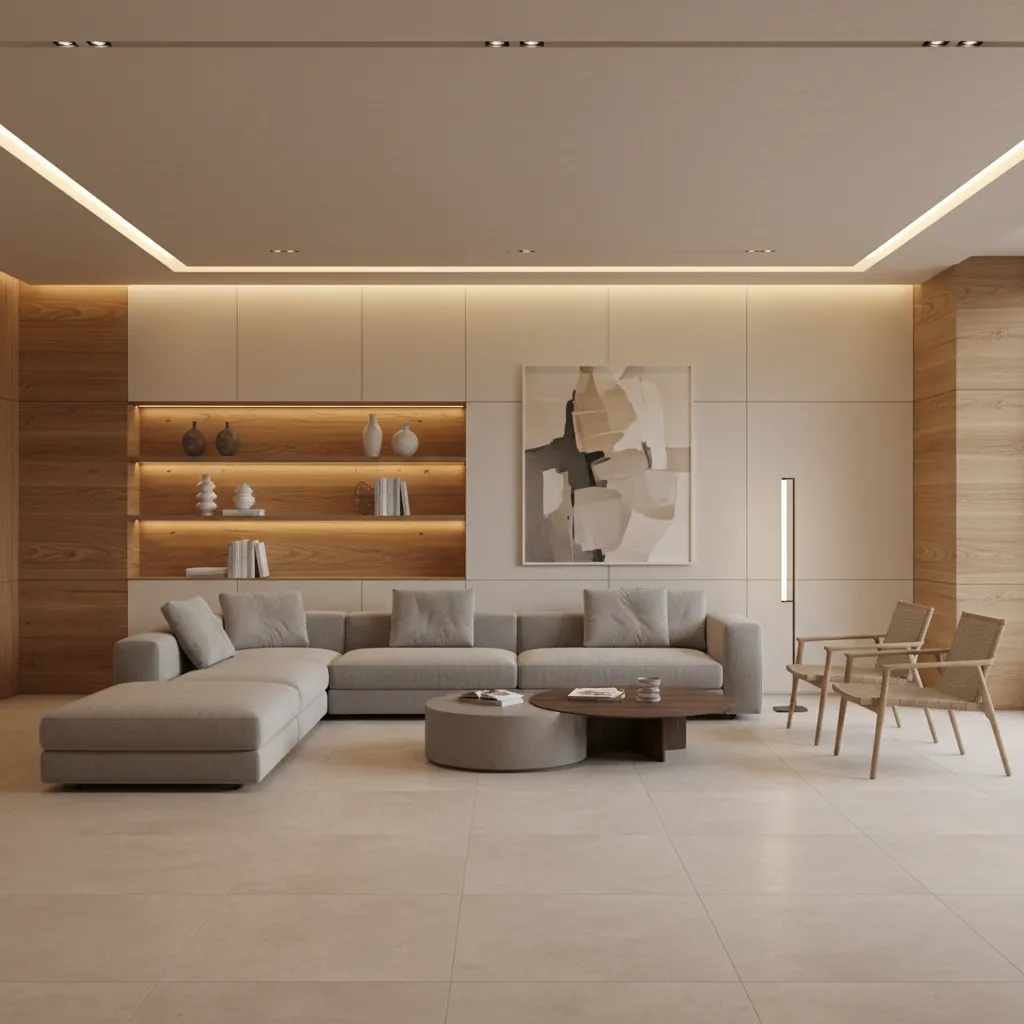 Flat ceiling with wood panel accents in modern living hall